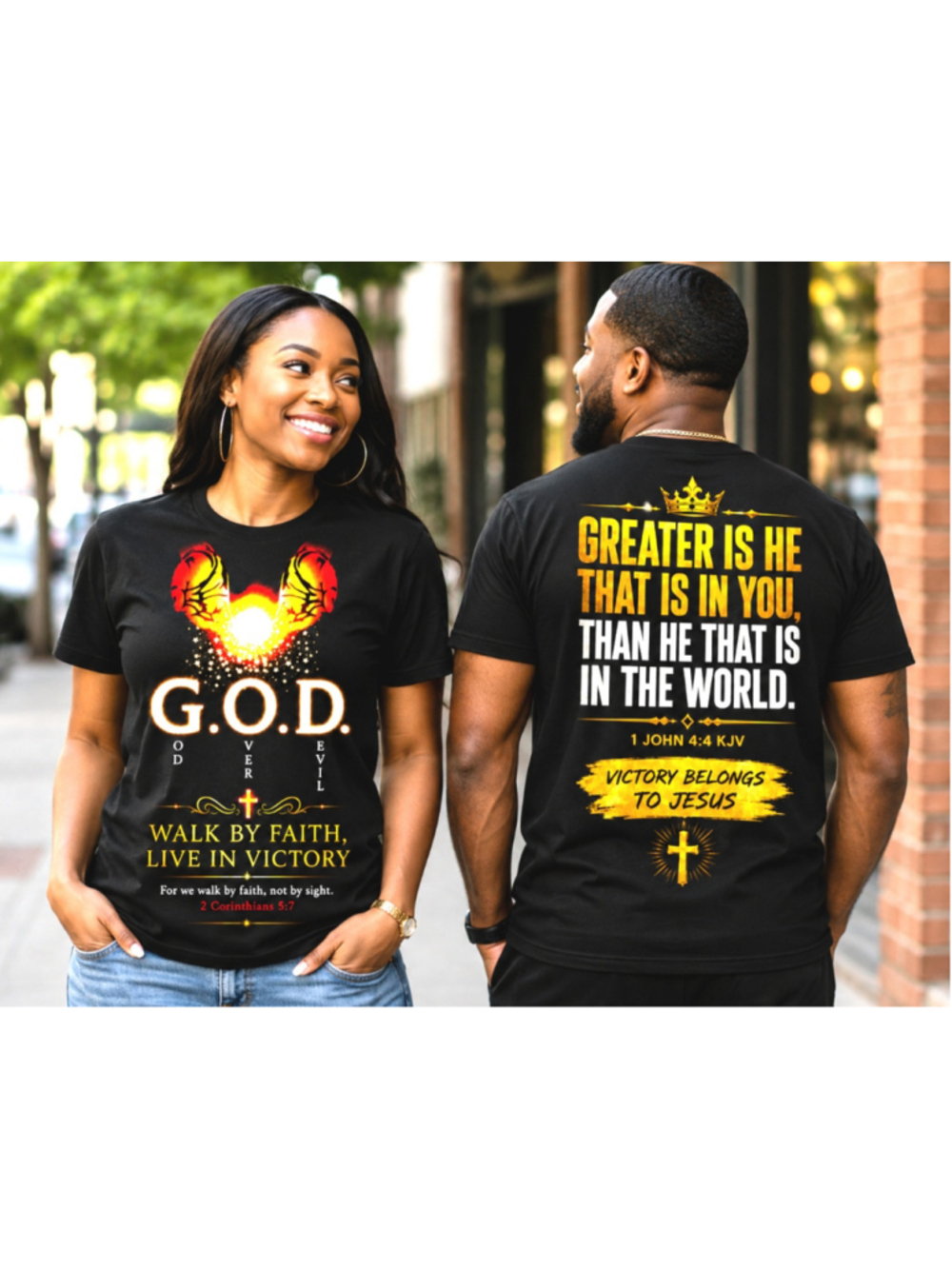 G.O.D. God Over Devil Christian Faith T-Shirt – Walk by Faith – 1 John 4:4 KJV
